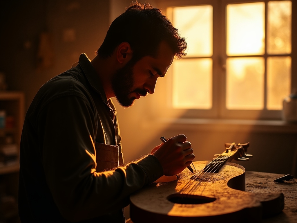Luthier travaillant méticuleusement sur un instrument